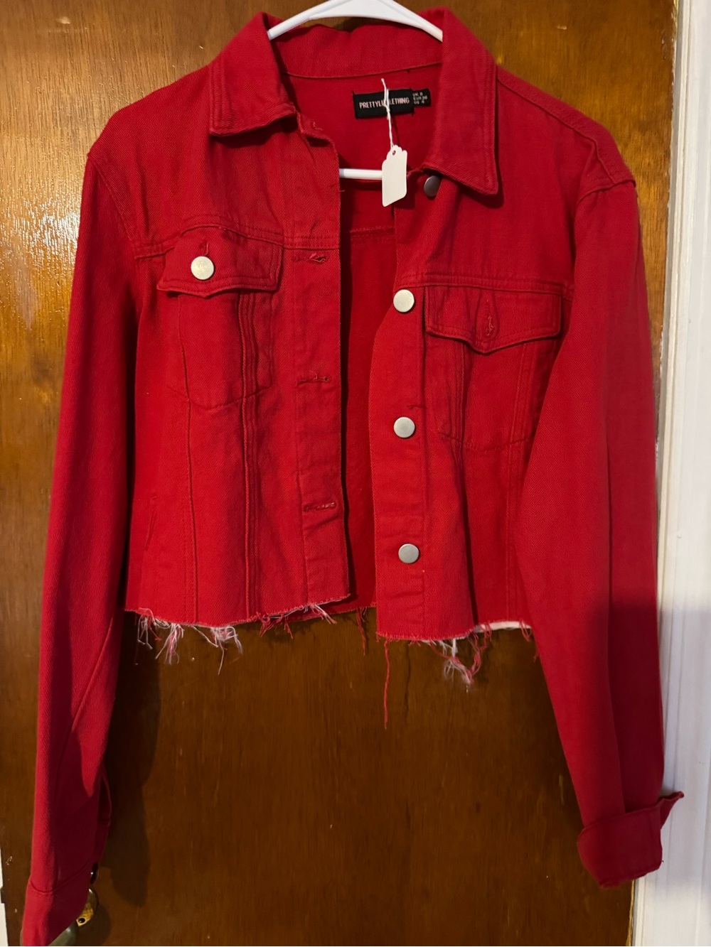 PrettyLittleThing Red Raw-Hem Cropped Denim Jacket